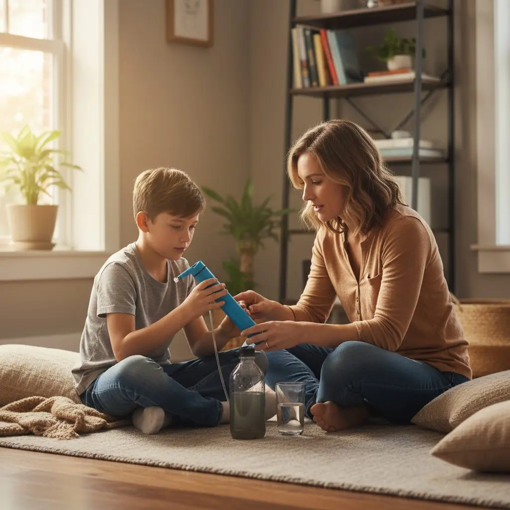 子供と保護者が浄水器の使い方を学ぶイメージ
