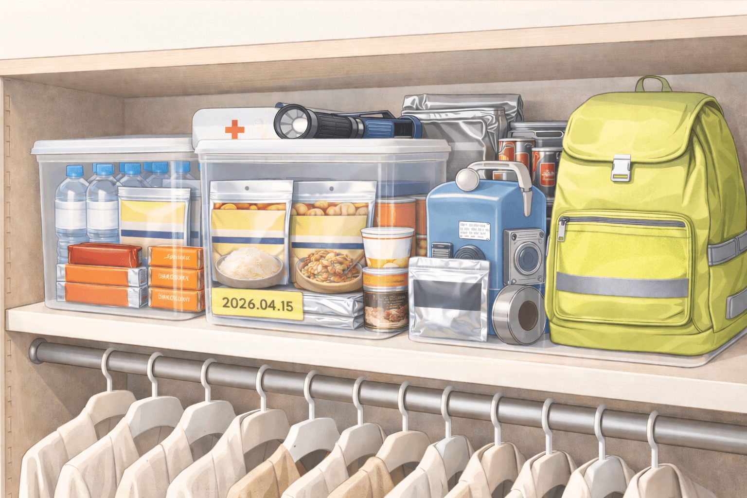 寝室のクローゼット上段に保管された非常食