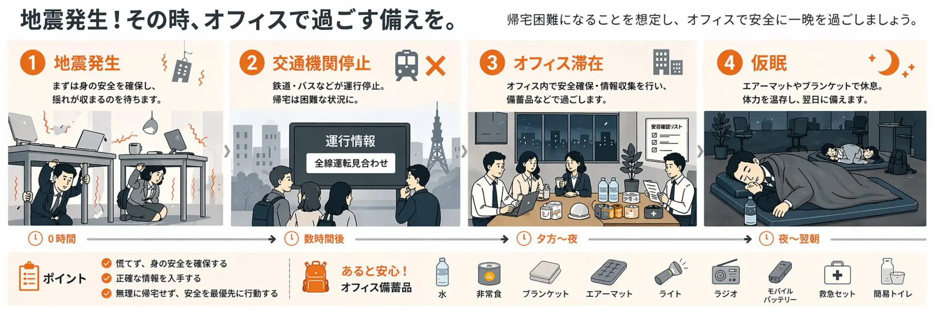 帰宅困難者がオフィスで一晩過ごす流れ